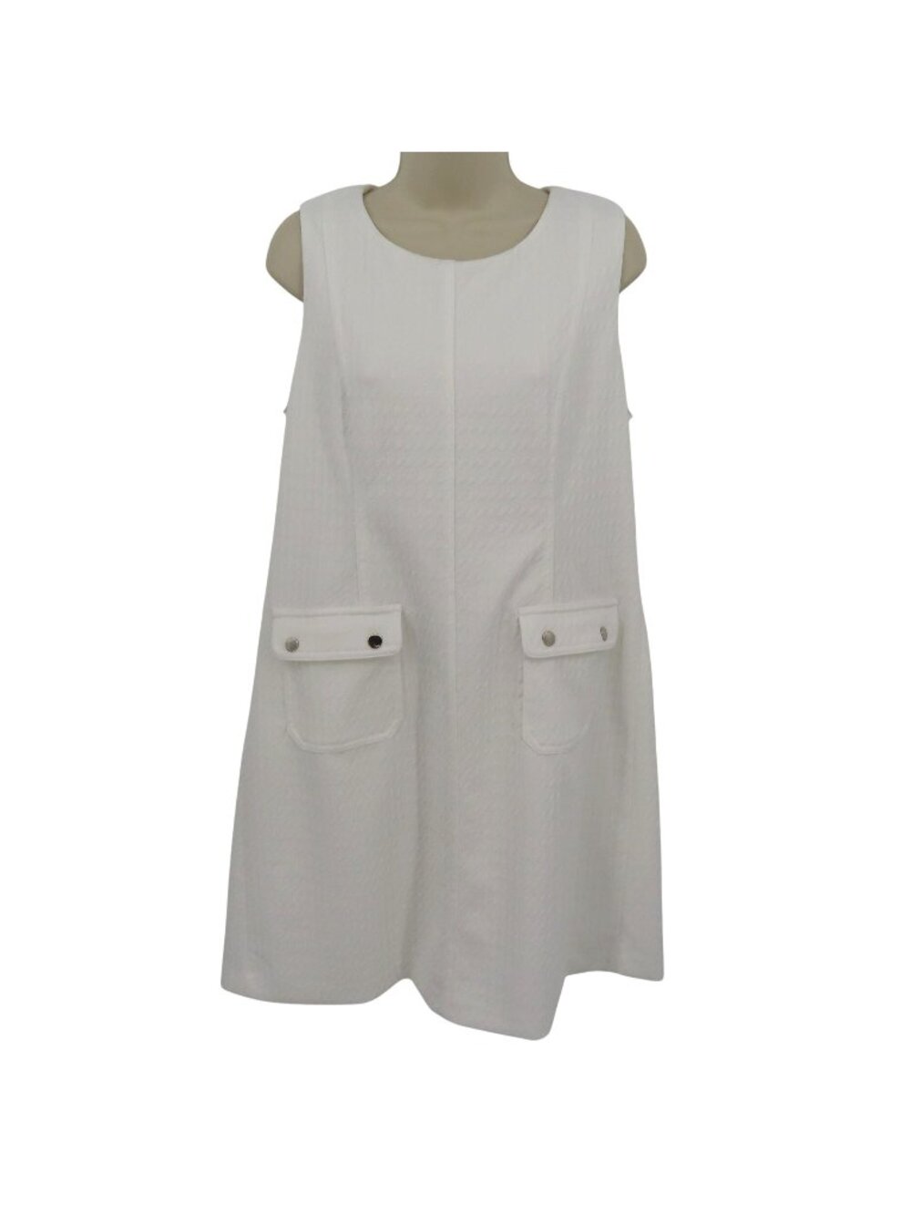 Tommy Hilfiger Women 14 White Houndstooth Sleeveless Sheath Dress Pockets Silver